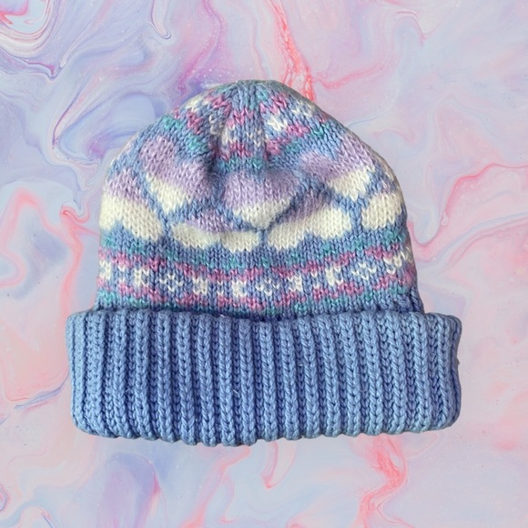 Vtg Women’s Warm Stocking Hat Blue with Hearts - Picture 3 of 5